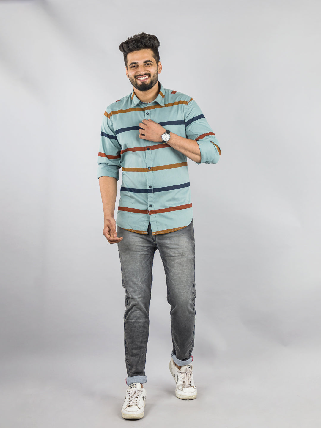 Persian Green Horizontal Stripes  Shirt