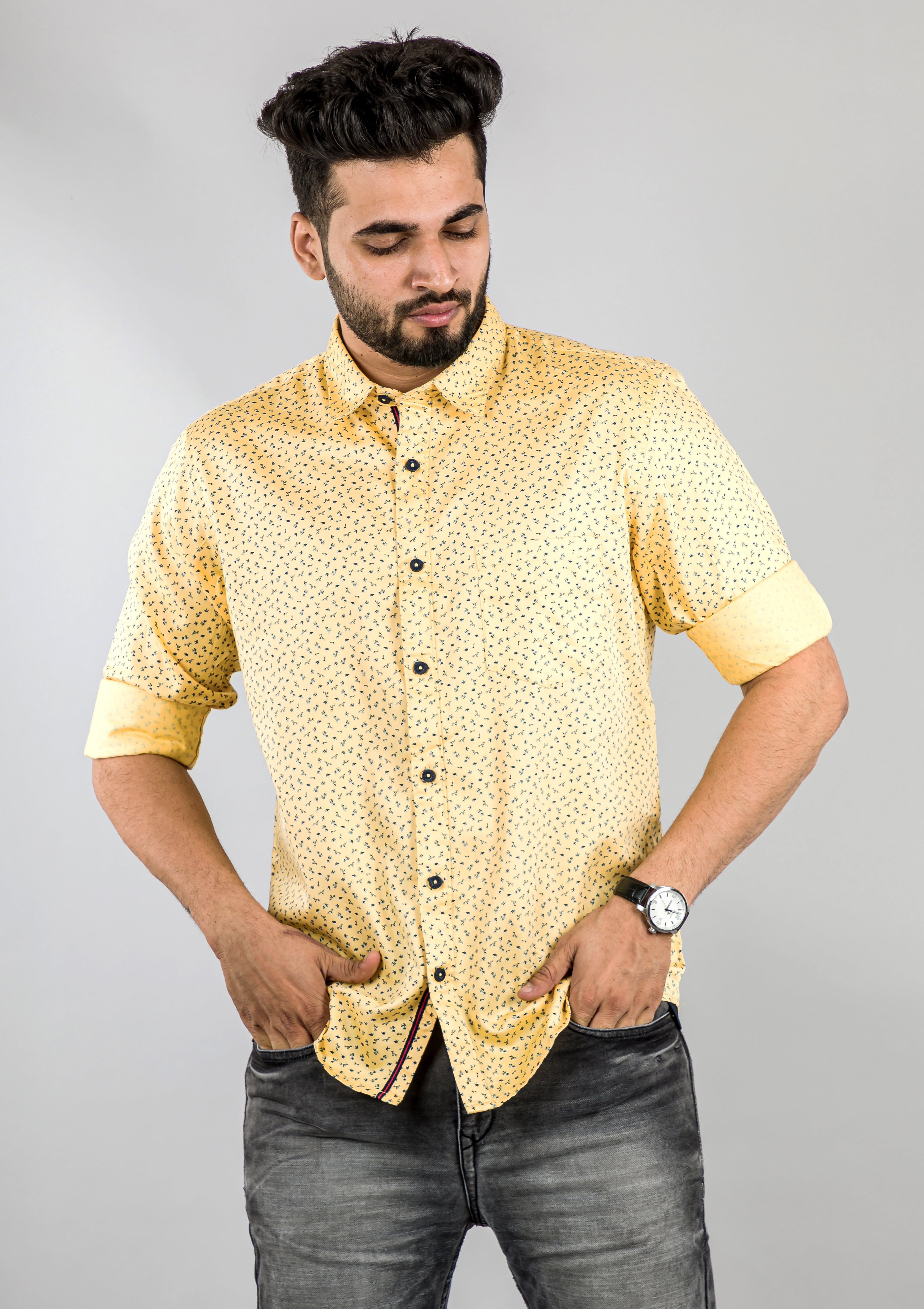 Men's Lemon Yellow Printed Shirt