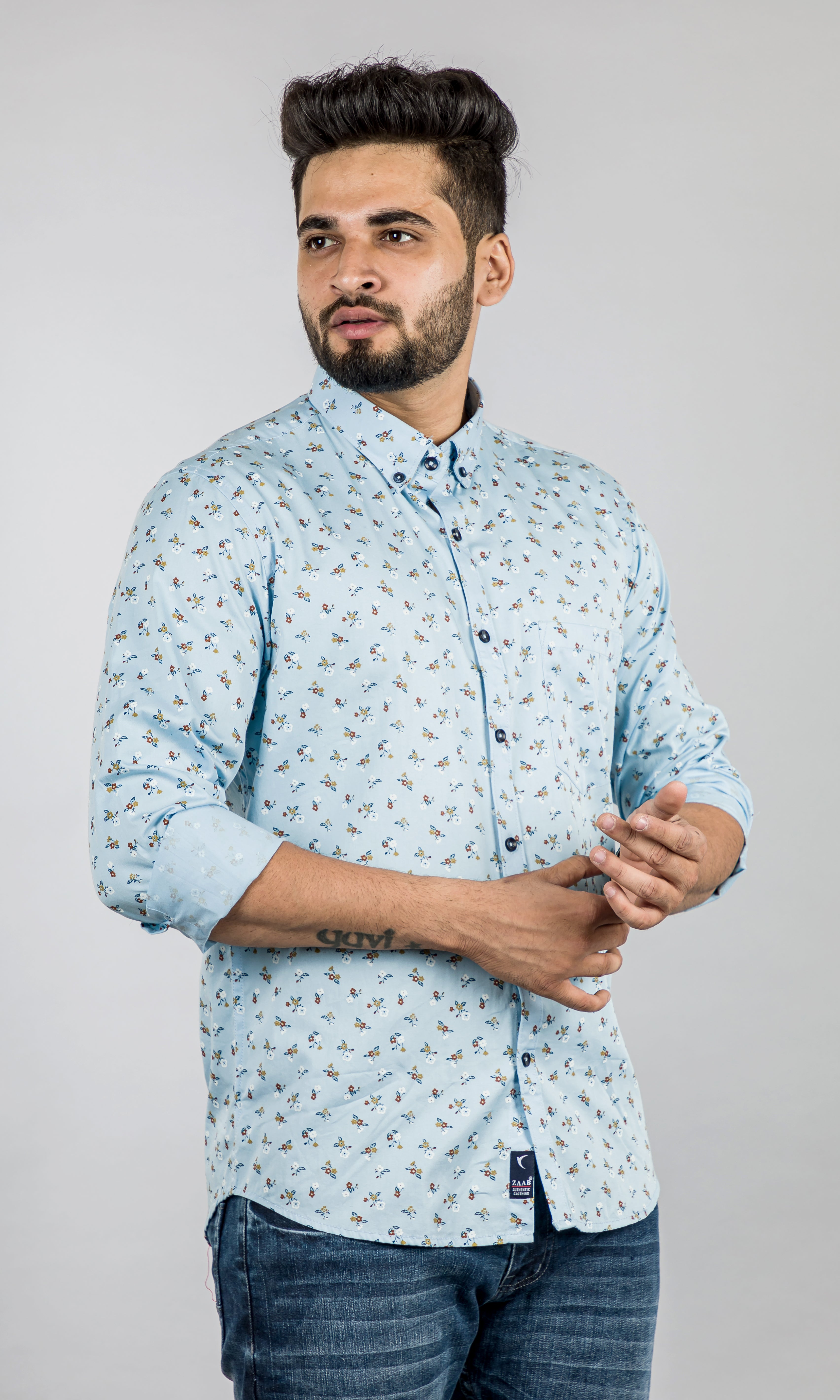 Men's Sky Blue Flower Printed Shirt
