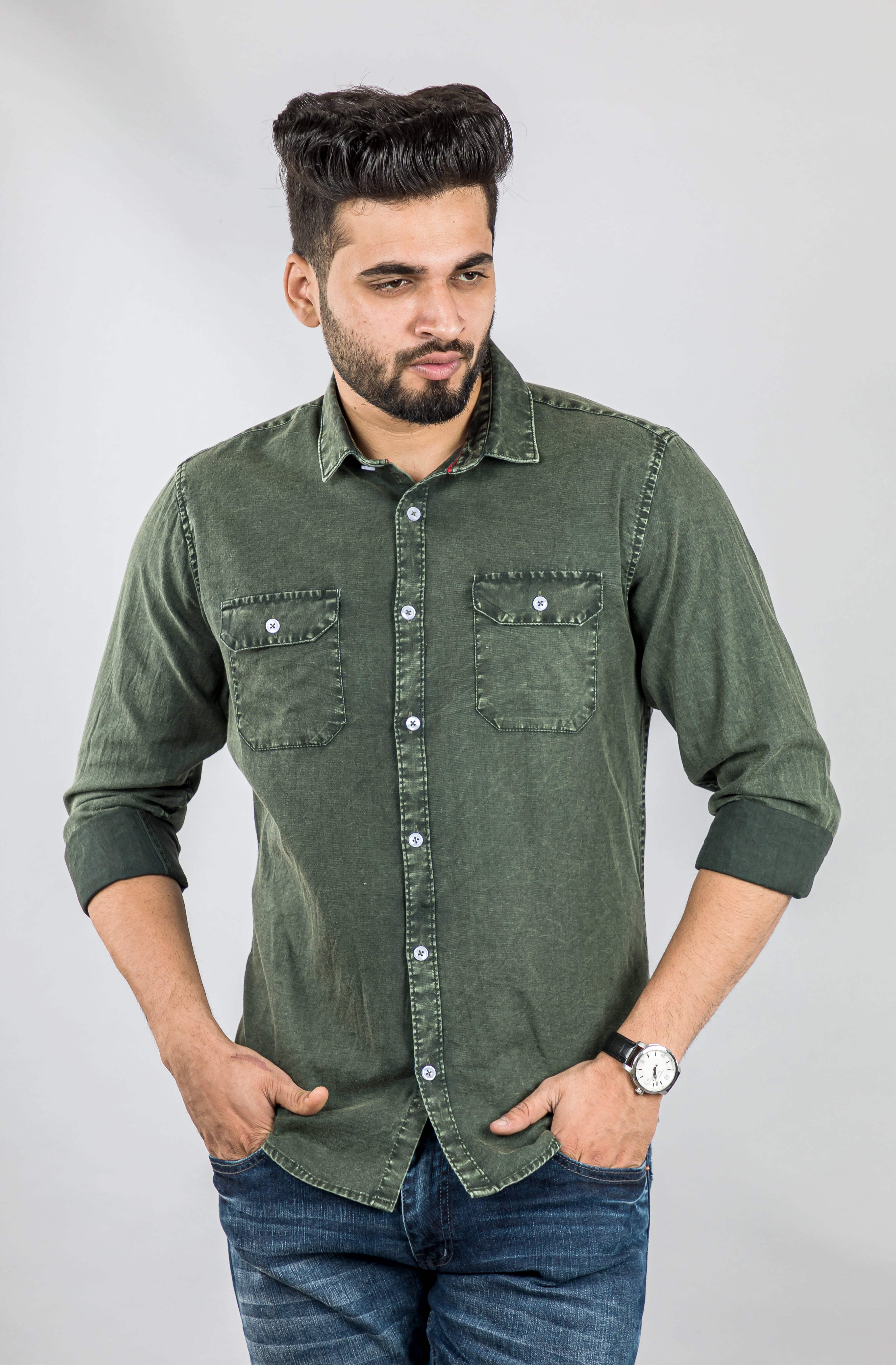 Men's Bottle Green Double Pocket Shirt