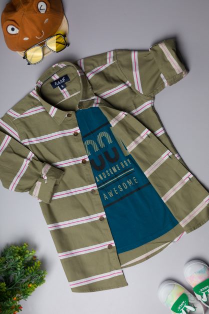 Kid's T-Shirt With Attached Sea Green Stripes Shirt